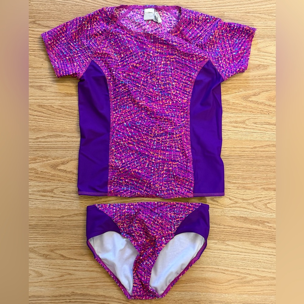 Girls Kids L.L. Bean Short sleeve Rashguard Swim Set - Purple/Multi Soze 12